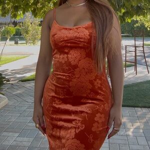 Orange Floral Satin Dress